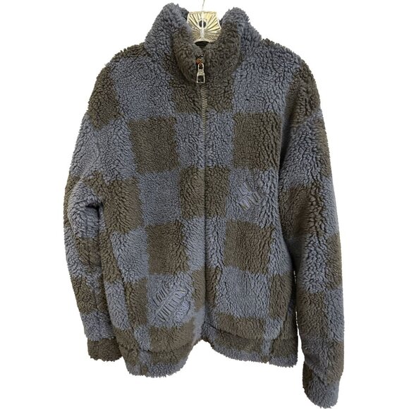 Louis Vuitton Mens Checkered Sherpa Fleece Jacket L Gray & Blue Made In Italy - Picture 1 of 16